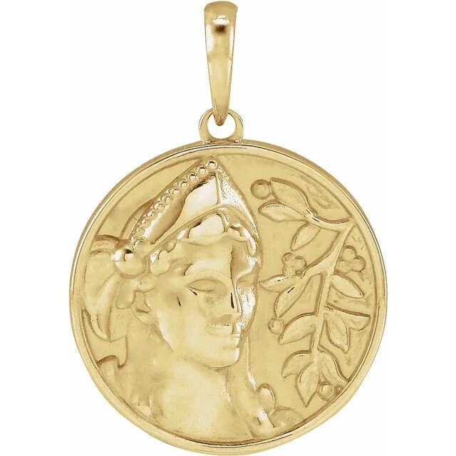 14K Yellow Gold Athena Greek Goddess Medallion Coin Pendant Necklace