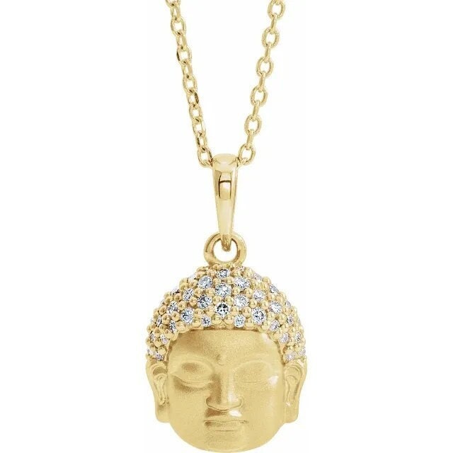 14K Yellow Gold Natural Diamond Shakyamuni Buddha Pendant Necklace