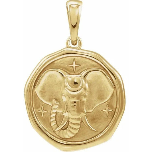 14k Yellow Gold Elephant Spirit Animal Medallion Pendant Necklace