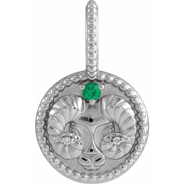 Solid 925 Sterling Silver Natural Emerald & .005 CTW Natural Diamond Aries The Ram Charm/Pendant Necklace