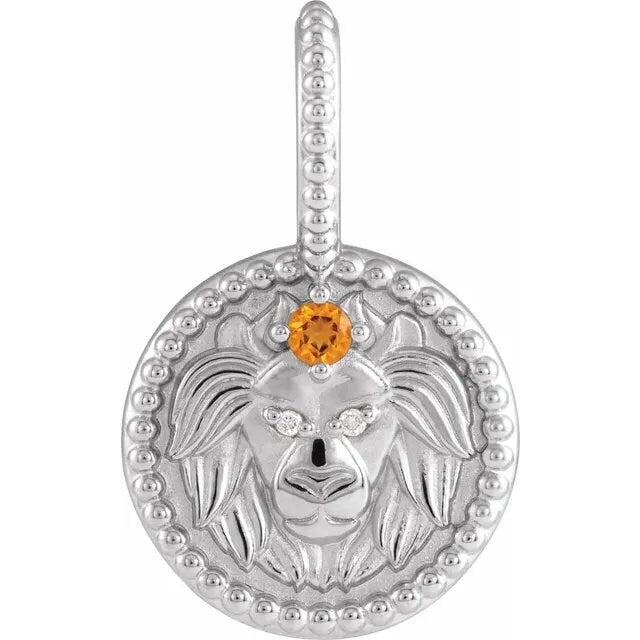 Sterling Silver Leo Lion Pendant Necklace: Citrine & Diamond Zodiac Charm