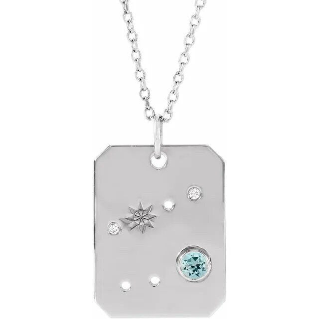 Solid 925 Sterling Silver Natural Aquamarine & .01 Natural Diamond Cancer Constellation Pendant
