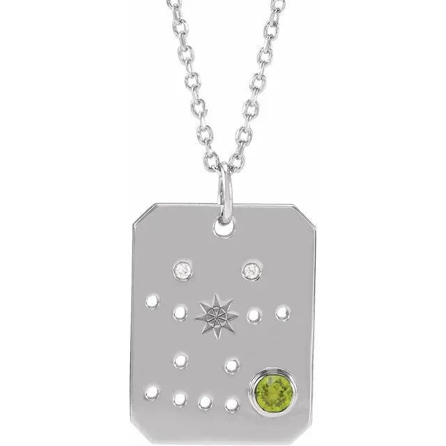 Solid 925 Sterling Silver Natural Peridot & .01 Natural Diamond Gemini Constellation Pendant