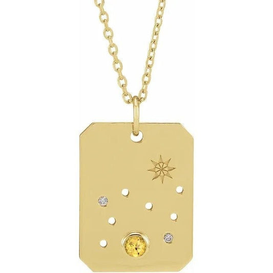 14K Yellow Gol Natural Citrine & .01 Natural Diamond Leo Constellation Pendant Necklace