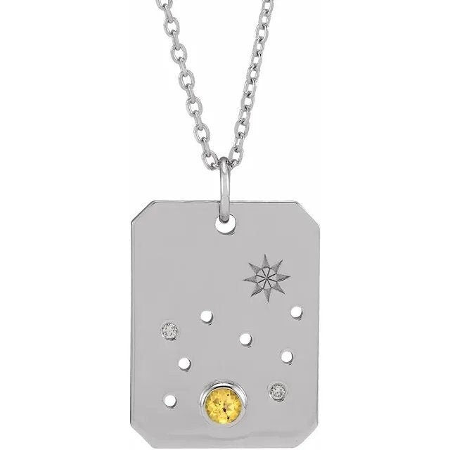 Solid 925 Sterling Silver Natural Citrine & .01 Natural Diamond Leo Lion Constellation Pendant