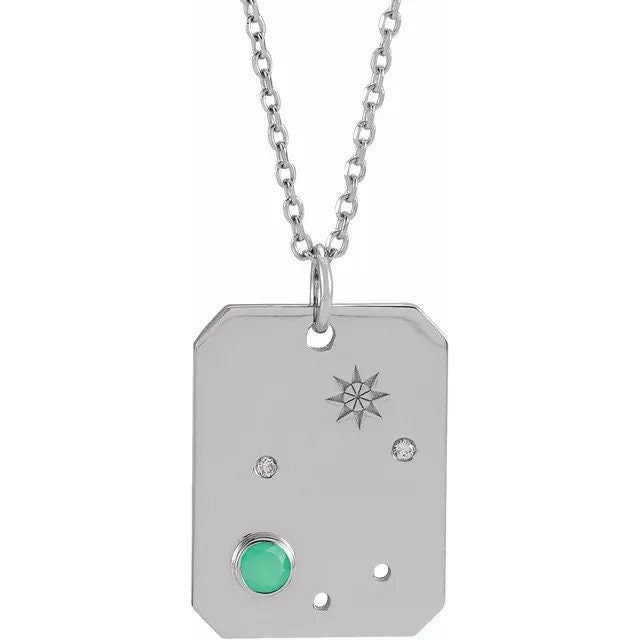 Solid 925 Sterling Silver Natural Green Chrysoprase & .01 Natural Diamond Libra Constellation Pendant
