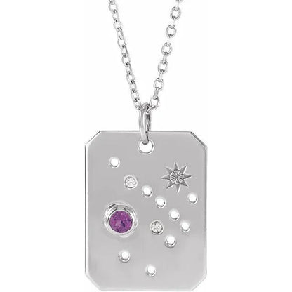 Solid 925 Sterling Silver Natural Amethyst & .01 Natural Diamond Sagittarius Constellation Pendant