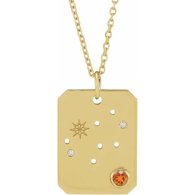 14K Yellow Gold Natural Spessartite Garnet & .01 Natural Diamond Virgo Constellation Pendant Necklace