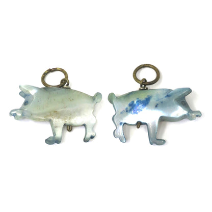 Antique Victorian Hand Carved Mother of Blue Pearl Lucky Little Pig Piggy Charm