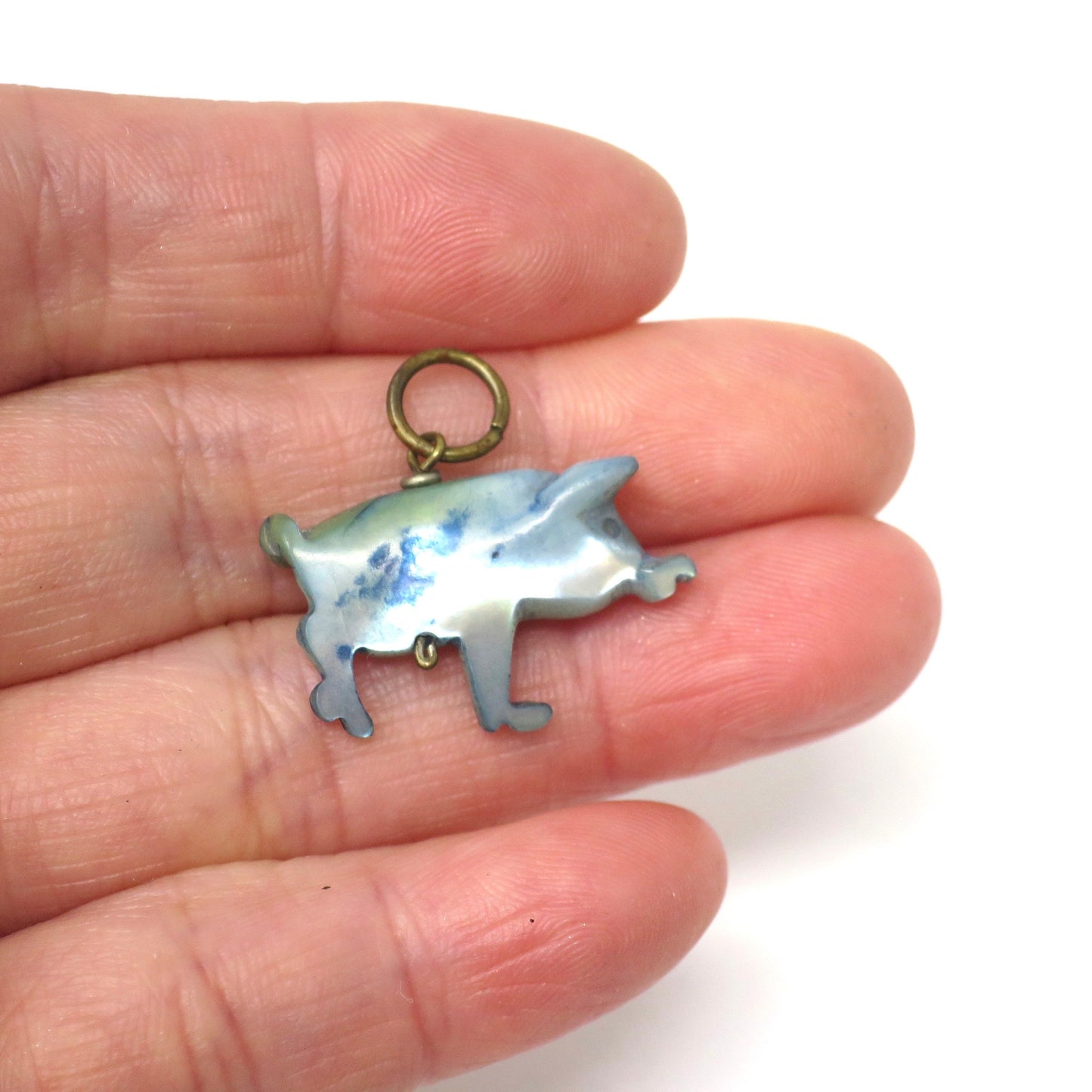 Antique Victorian Hand Carved Mother of Blue Pearl Lucky Little Pig Piggy Charm