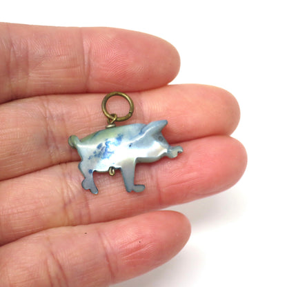 Antique Victorian Hand Carved Mother of Blue Pearl Lucky Little Pig Piggy Charm