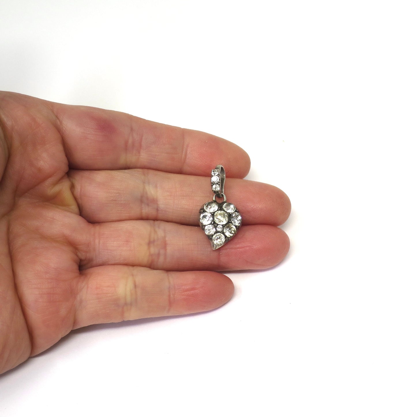 Antique Victorian Sterling Silver Witch's Heart Witchy Diamond Paste Heart Charm Pendant