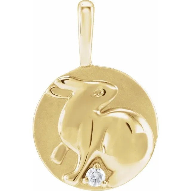 14K Yellow Gold .015 CT Natural Diamond Chinese Zodiac Year of the Rabbit Pendant