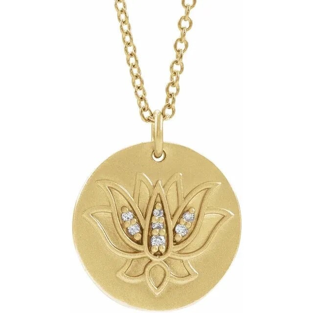 14K Yellow Gold .025 CTW Natural Diamond Lotus Flower Renge Pendant Necklace