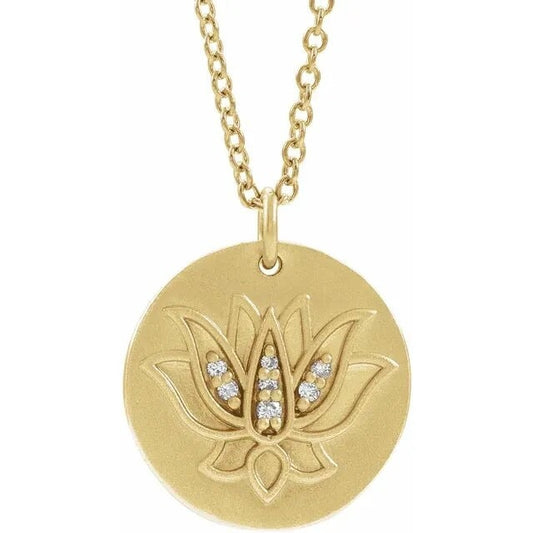 14K Yellow Gold .025 CTW Natural Diamond Lotus Flower Renge Pendant Necklace