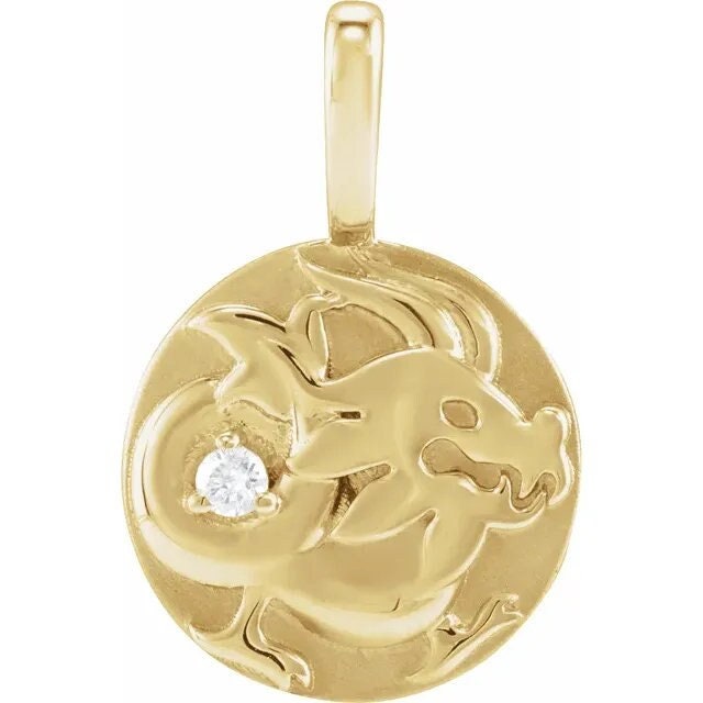 14K Yellow Gold .015 CT Natural Diamond Chinese Zodiac Year of the Dragon Pendant