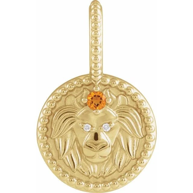14K Gold Lion Pendant Necklace: Citrine Diamond Leo Zodiac Charm
