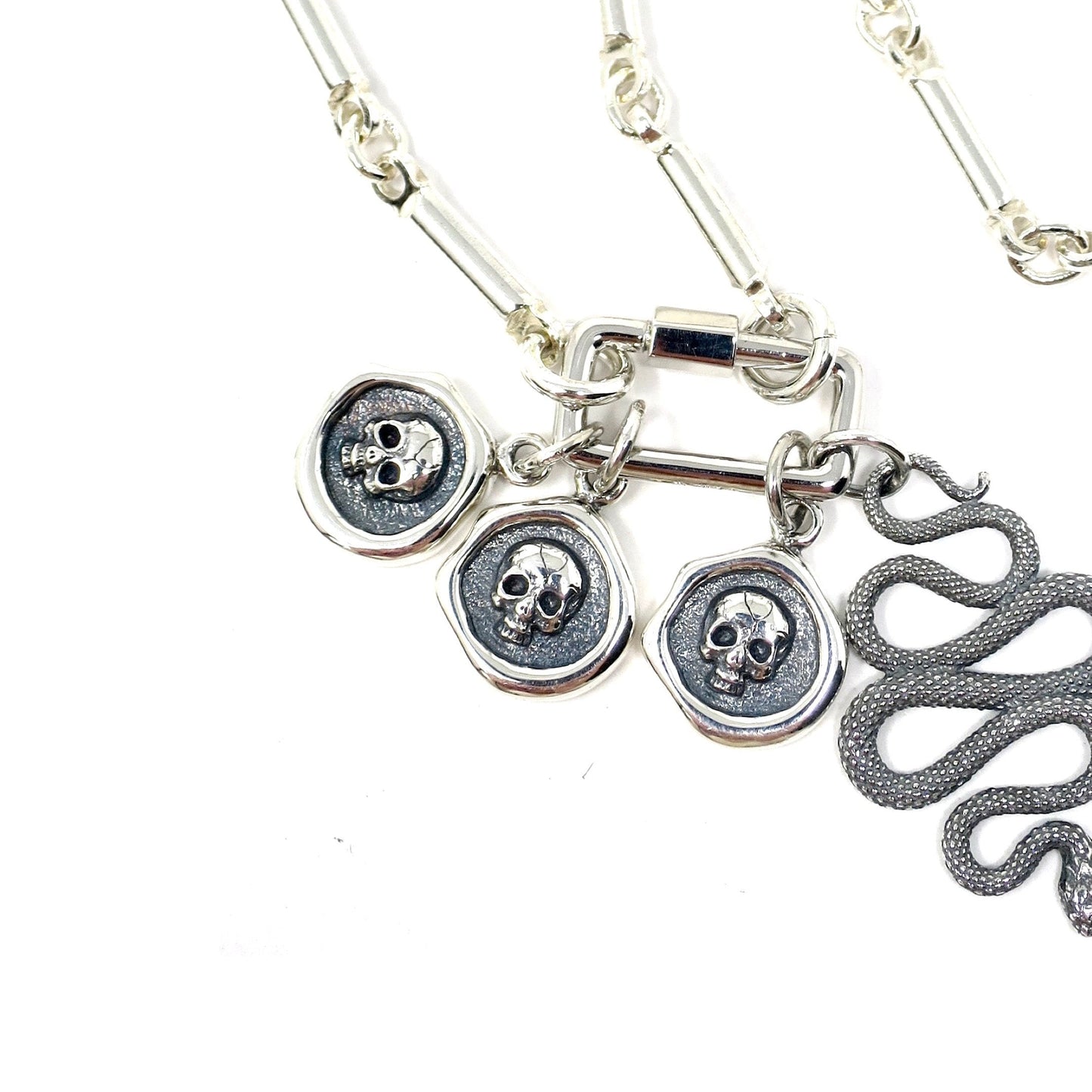 Solid 925 Sterling Silver Wax Seal Skull Charm Necklace