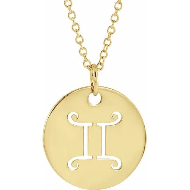 14K Yellow Gold 16.5 mm Gemini The Twins Zodiac Disc Charm/Pendant Necklace