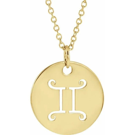 14K Yellow Gold 16.5 mm Gemini The Twins Zodiac Disc Charm/Pendant Necklace