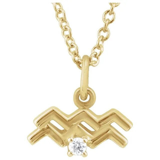 14K Yellow Gold .015 CT Natural Diamond Aquarius Zodiac Charm 16-18" Necklace