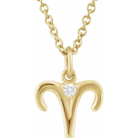 14K Yellow Gold .015 CT Natural Diamond Aries Zodiac Charm 16-18" Necklace