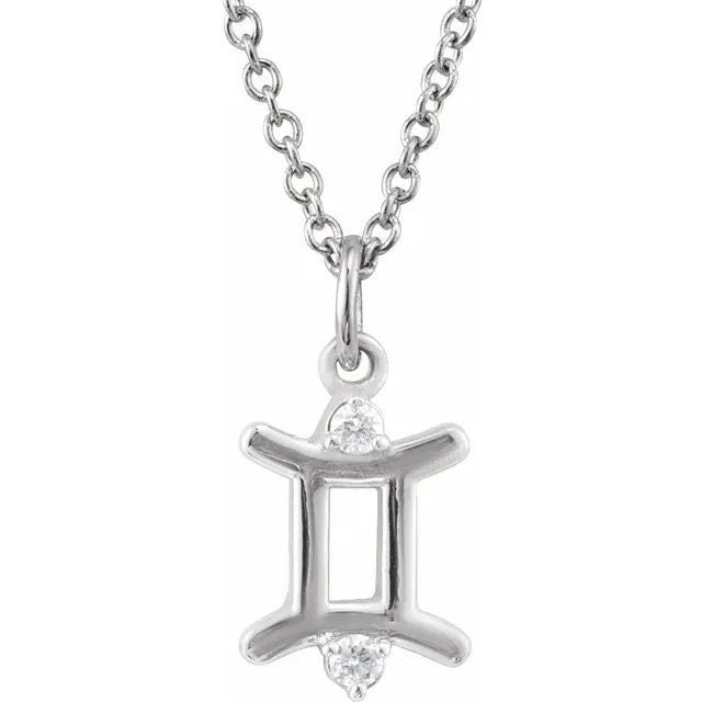 Solid 925 Sterling Silver .015 CT Natural Diamond Gemini Zodiac Charm 16-18" Necklace