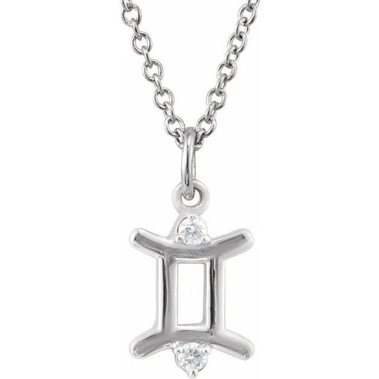 Solid 925 Sterling Silver .015 CT Natural Diamond Gemini Zodiac Charm 16-18" Necklace