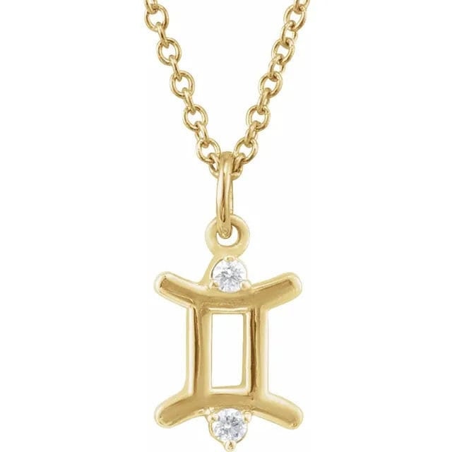 14K Yellow Gold .015 CT Natural Diamond Gemini Zodiac Charm 16-18" Necklace