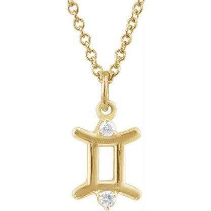 14K Yellow Gold .015 CT Natural Diamond Gemini Zodiac Charm 16-18" Necklace