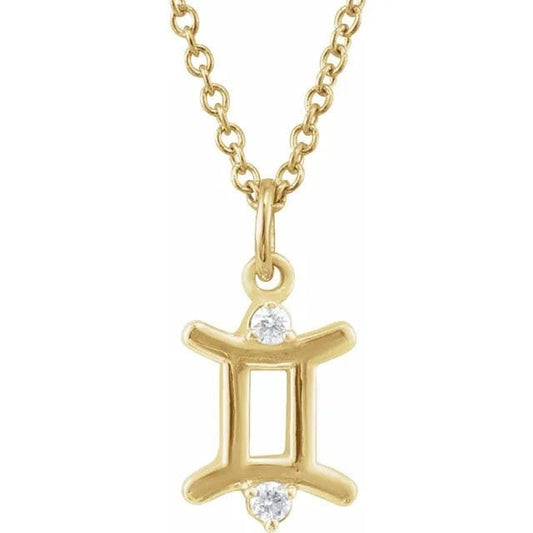 14K Yellow Gold .015 CT Natural Diamond Gemini Zodiac Charm 16-18" Necklace