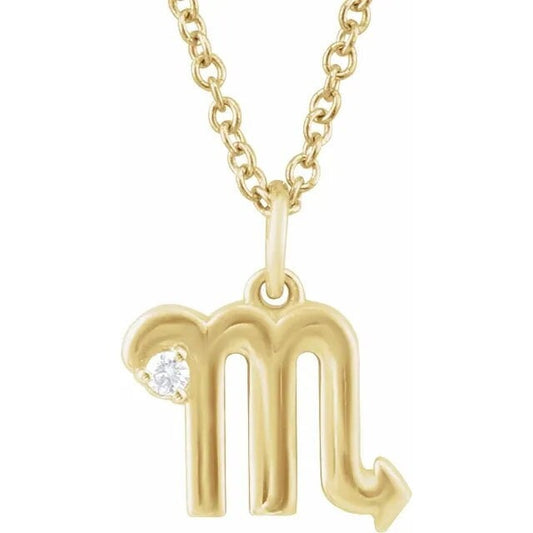 14K Yellow Gold .015 CT Natural Diamond Scorpio Zodiac Charm 16-18" Necklace