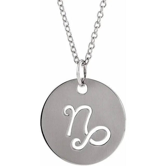 Sterling Silver 16.5 mm Capricorn Zodiac Disc Charm/Pendant Necklace