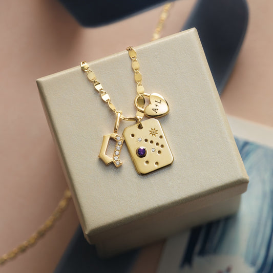 14K Yellow Gold Natural Amethyst & .01 Natural Diamond Sagittarius Constellation Pendant Necklace