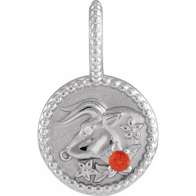 Sterling Silver Taurus Pendant Necklace: Mexican Fire Opal Diamond Charm
