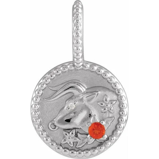 Sterling Silver Taurus Pendant Necklace: Mexican Fire Opal Diamond Charm