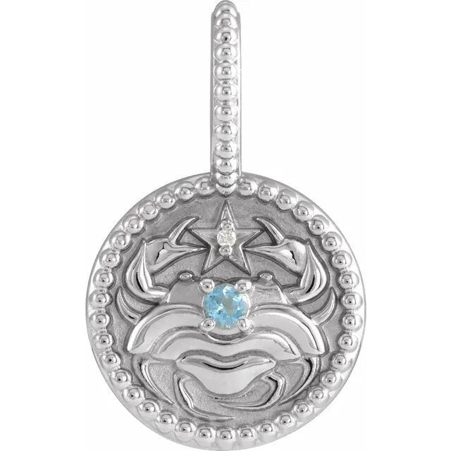 Sterling Silver Natural Aquamarine & .0025 CTW Natural Diamond Cancer The Crab Charm/Pendant Necklace