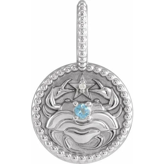 Sterling Silver Natural Aquamarine & .0025 CTW Natural Diamond Cancer The Crab Charm/Pendant Necklace