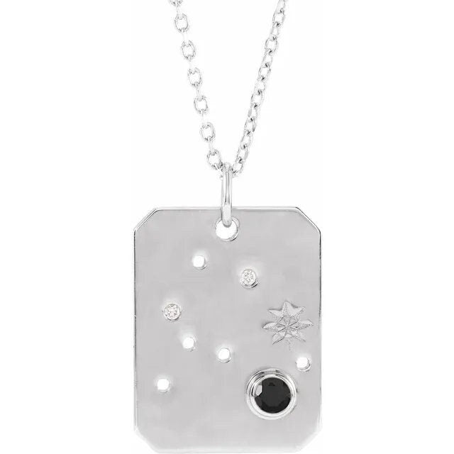 Solid 925 Sterling Silver Natural Black Spinel & .01 Natural Diamond Aquarius Constellation Pendant
