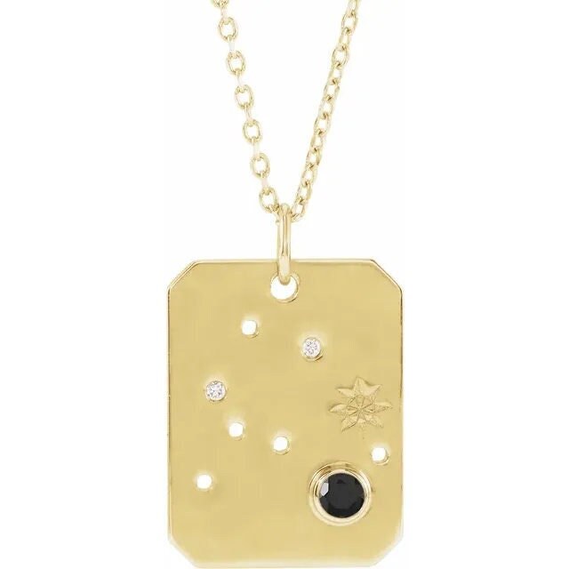 14K Yellow Gold Natural Black Spinel & .01 Natural Diamond Aquarius Constellation Pendant Necklace