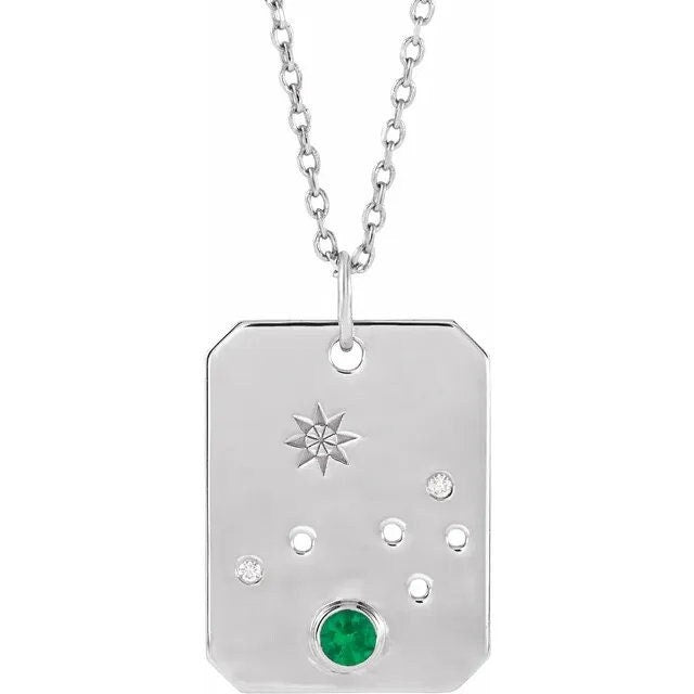 Solid 925 Sterling Silver Natural Emerald & .01 Natural Diamond Aries Constellation Pendant
