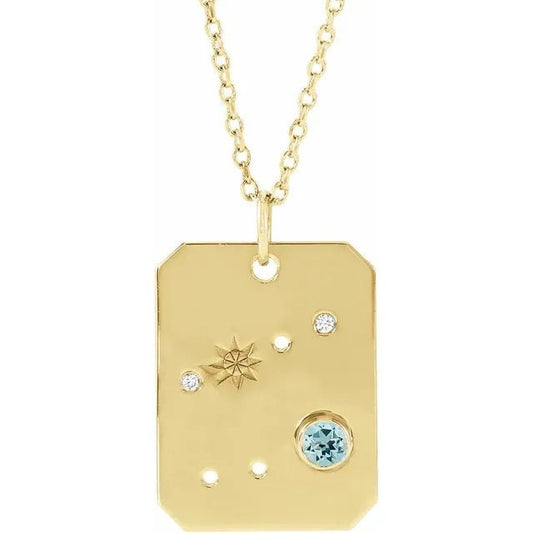 14K Yellow Gold Natural Aquamarine & .01 Natural Diamond Cancer Constellation Pendant Necklace