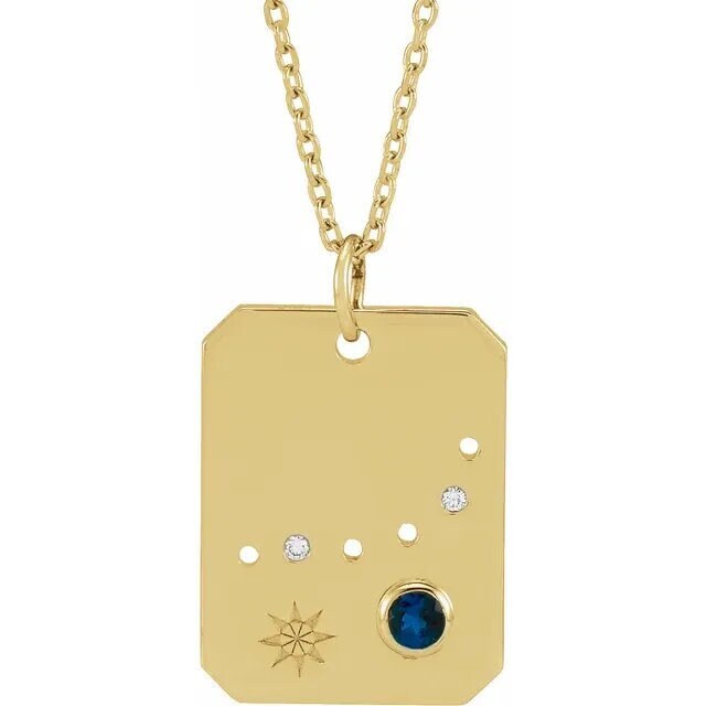 14K Yellow Gold Natural Blue Sapphire & .01 Natural Diamond Capricorn Constellation Pendant Necklace
