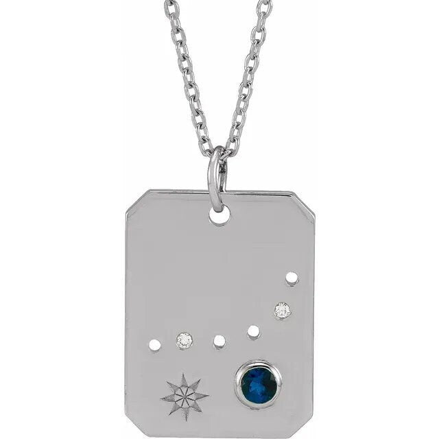 Solid 925 Sterling Silver Natural Blue Sapphire & .01 Natural Diamond Capricorn Constellation Pendant