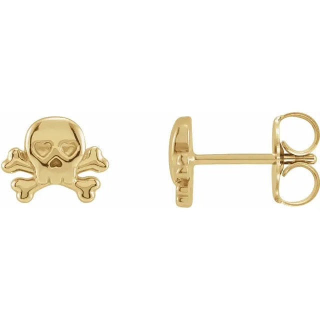 14K Yellow Gold Petite Skull & Crossbones Stud Earrings