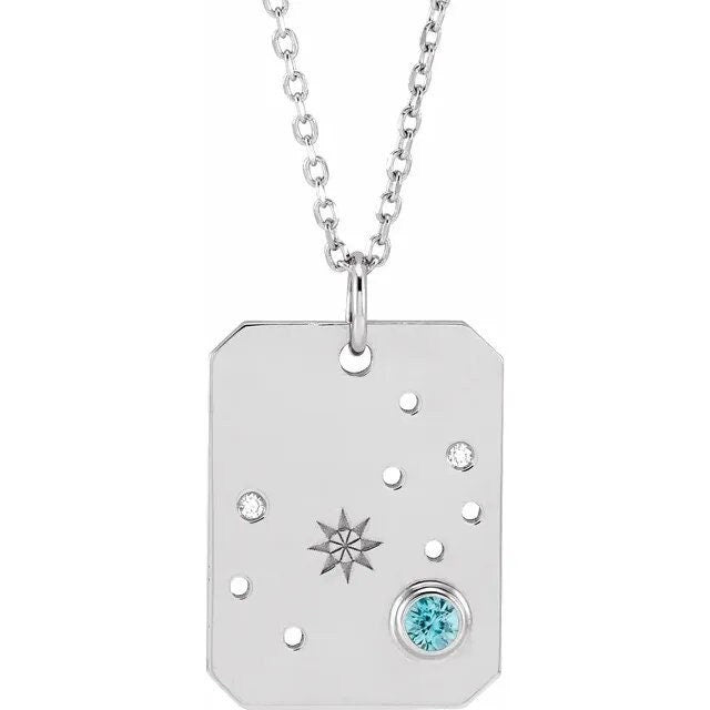 Solid 925 Sterling Silver Natural Blue Zircon & .01 Natural Diamond Scorpio Constellation Pendant