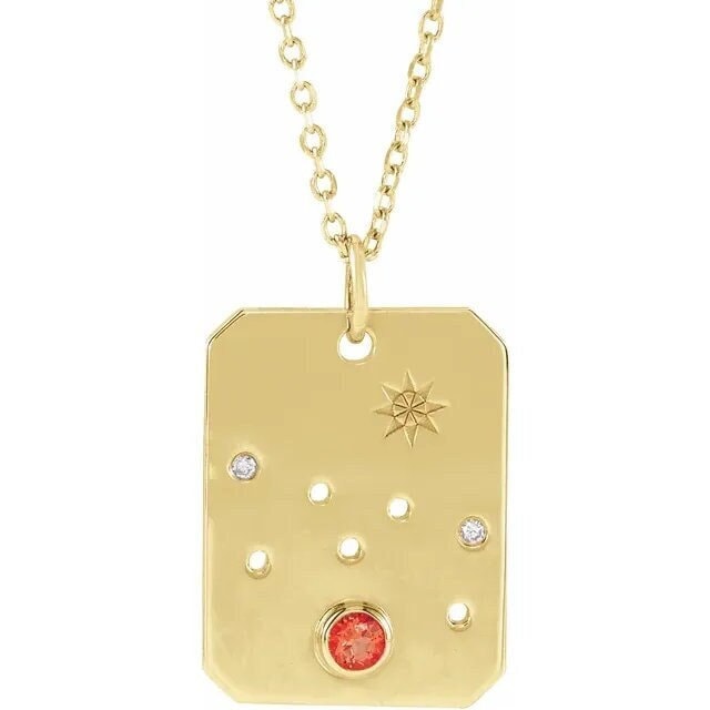 14K Yellow Gold Natural Mexican Fire Opal & .01 Natural Diamond Taurus Constellation Pendant Necklace