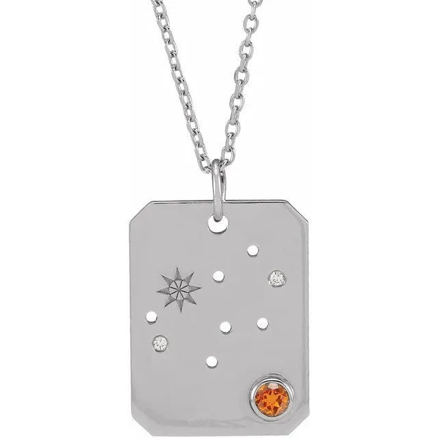 Solid 925 Sterling Silver Natural Spessartite Garnet & .01 Natural Diamond Virgo Constellation Pendant Necklace