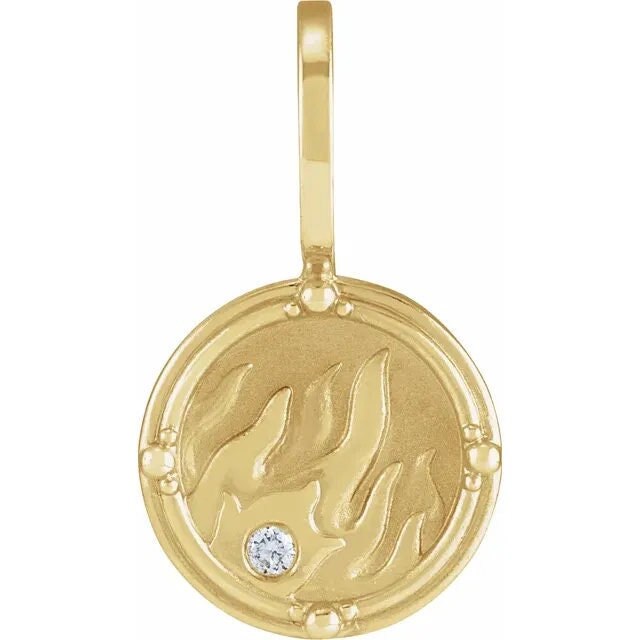 14K Yellow Gold .015 CT Natural Diamond Fire Element Charm Pendant