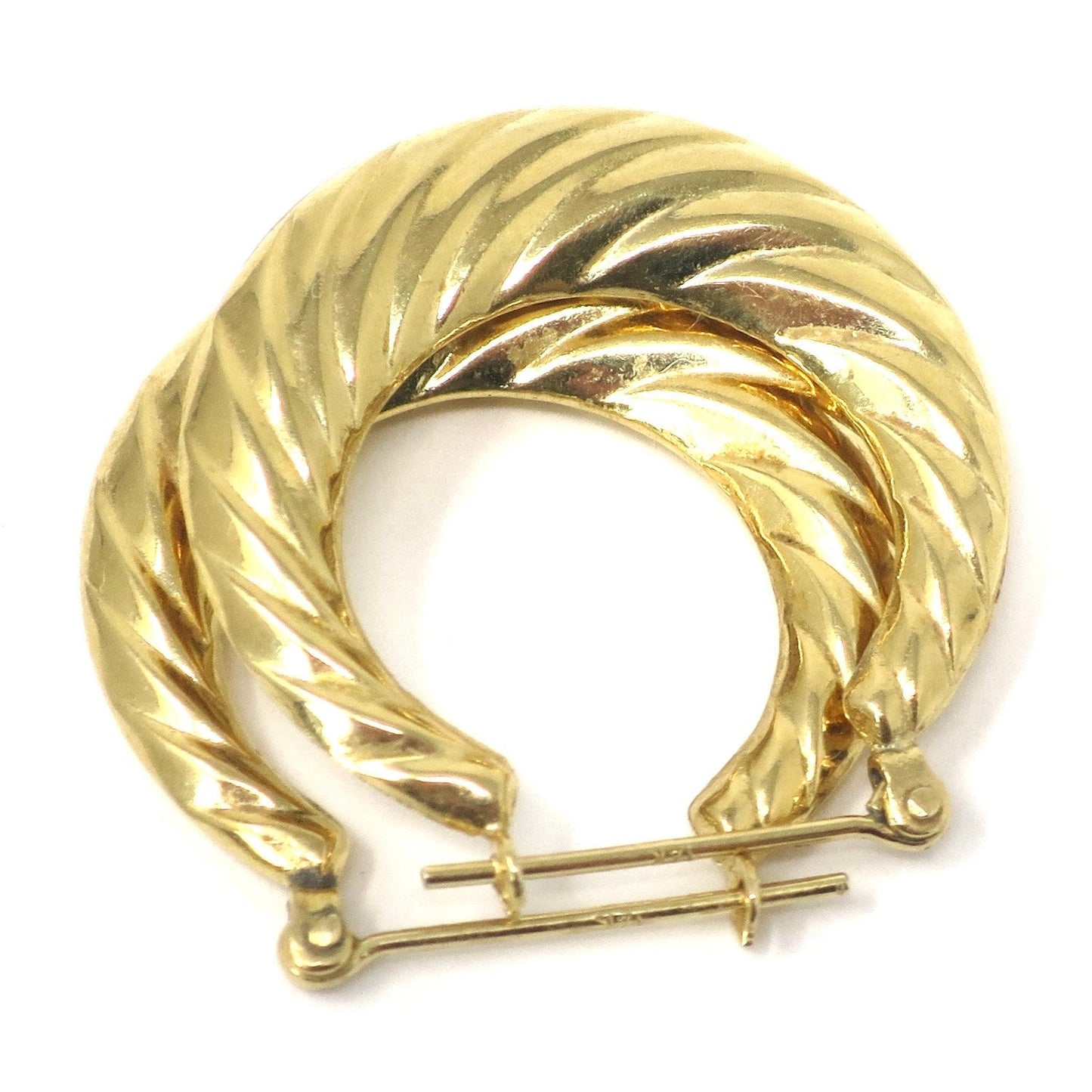 Vintage 14k Yellow Solid Gold Croissant Dôme, Puffy Twist Style Hoops Earrings